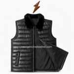 Black quilted sheep leather vest with plush fur collar, front zipper, horizontal padded panels and NGL
