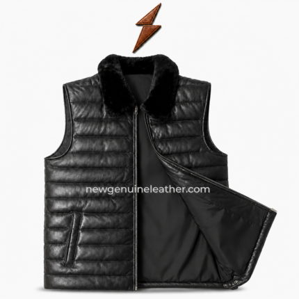 Black quilted sheep leather vest with plush fur collar, front zipper, horizontal padded panels and NGL