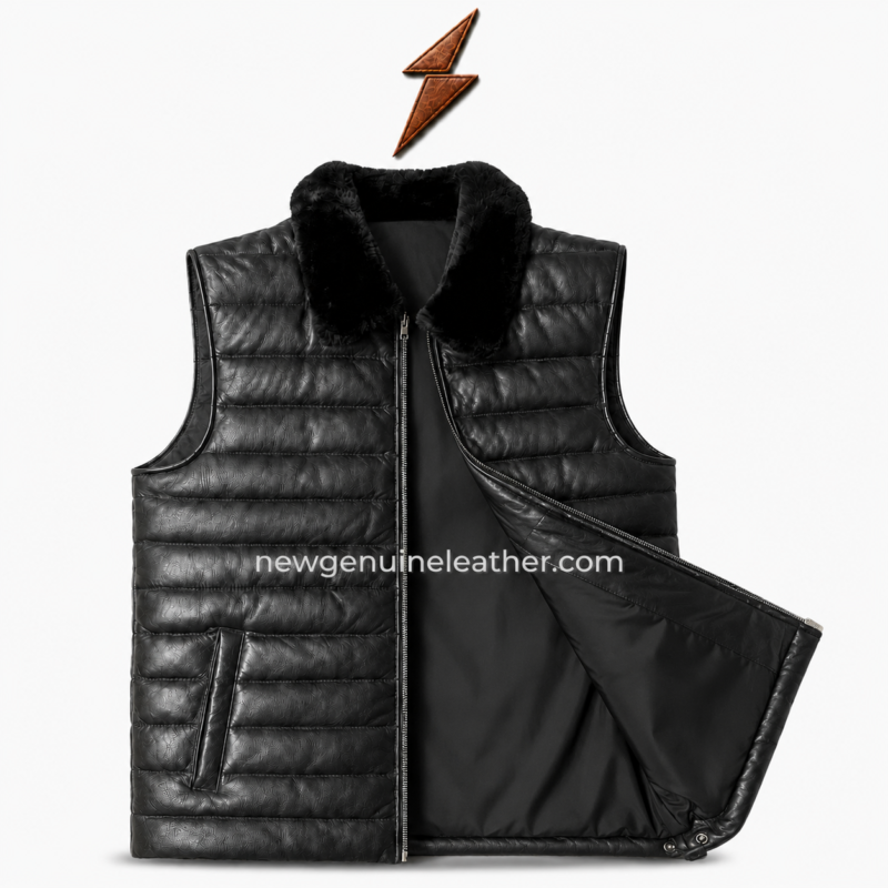 Black quilted sheep leather vest with plush fur collar, front zipper, horizontal padded panels and NGL