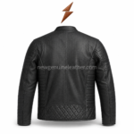 Black quilted biker jacket with lapel collar, zipper pockets, padded shoulders, and NGL