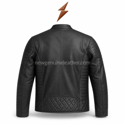 Black quilted biker jacket with lapel collar, zipper pockets, padded shoulders, and NGL