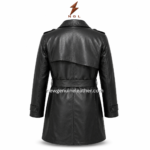 Black leather trench coat with lapel collar, button closure, waist belt, cuff straps, smooth leather finish, and NGL