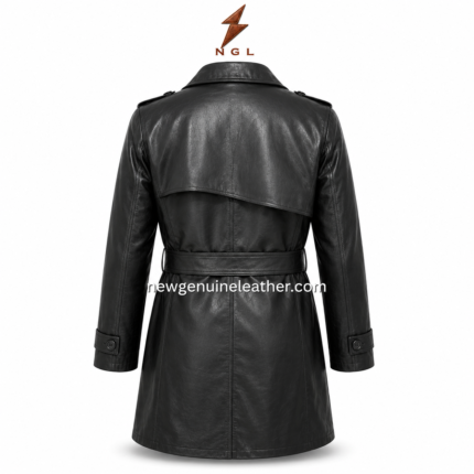 Black leather trench coat with lapel collar, button closure, waist belt, cuff straps, smooth leather finish, and NGL