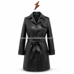 Black leather trench coat inner pose with open front, smooth black lining, belted waist detail, lapel collar