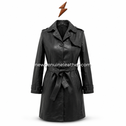 Black leather trench coat inner pose with open front, smooth black lining, belted waist detail, lapel collar