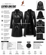 Product specs image of black leather trench coat showing lapel collar, button closure, adjustable belt, cuff straps, back view, inner view, and black color swatch.