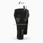 Black lederhosen with suspenders shown with embroidered chest strap, front bib panel, metal buttons, gold trim, and black suede finish