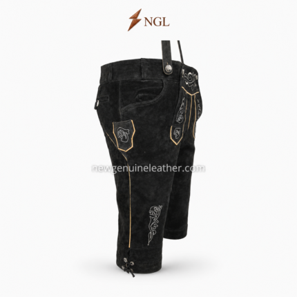 Black lederhosen with suspenders shown with embroidered chest strap, front bib panel, metal buttons, gold trim, and black suede finish