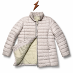 Black long quilted puffer jacket with horizontal stitched panels, stand collar, front zipper, and side zipper pockets