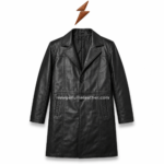 Men’s leather long coat wholesale color range in black, brown, tan, burgundy, and olive green with notched lapel collar and button front