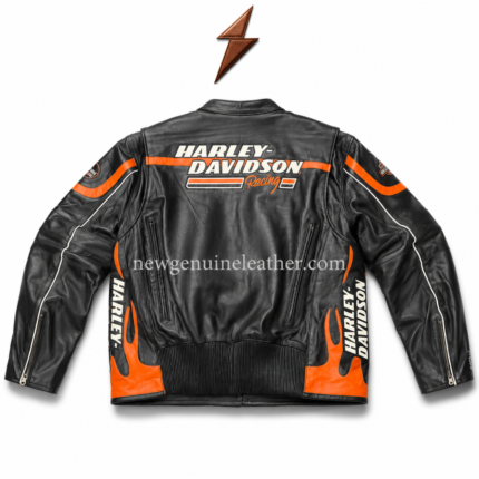 Black orange racing leather jacket with contrast stripes, white piping, and front zipper closure