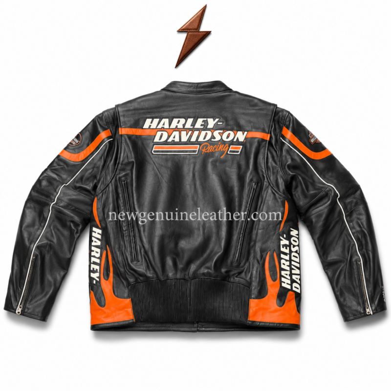 Black orange racing leather jacket with contrast stripes, white piping, and front zipper closure