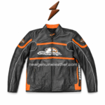 Black orange racing leather jacket with snap-tab collar, sleeve patches, and white piping detail