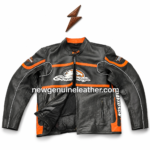 Black orange racing leather jacket with perforated front panels and vertical zipper pockets