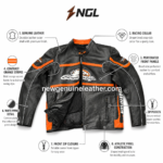 Black orange racing leather jacket with bold chest graphic and stitched multi-panel design