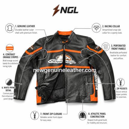 Black orange racing leather jacket with bold chest graphic and stitched multi-panel design