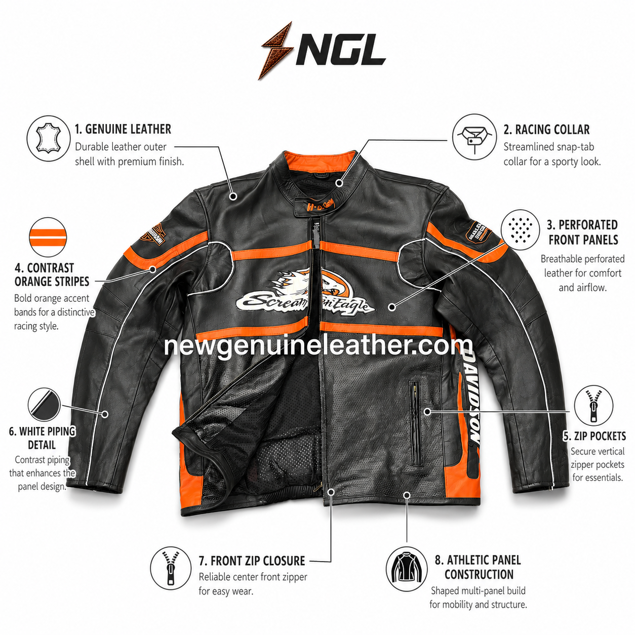 Black Orange Racing Leather Jacket with Perforated Panels Black orange racing leather jacket with bold chest graphic and stitched multi-panel design