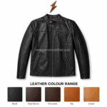 Black plain cow leather jacket with brown diamond quilted lining, snap tab collar