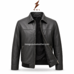 Black pointed collar leather jacket with front zipper closure, two side zip pockets, ribbed hem, and NGL