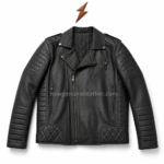 Quilted biker jacket in black leather with diamond stitched lower panels and padded sleeve details.
