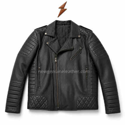 Quilted biker jacket in black leather with diamond stitched lower panels and padded sleeve details.