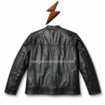OEM black quilted biker leather jacket with smooth leather texture, snap-tab band collar, and private label branding options.