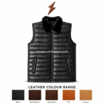 Black leather puffer vest with horizontal quilted stitching, two slanted pockets, fur collar
