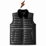 Black quilted sheep leather vest front view with silver zipper, padded leather panels and slanted side pockets