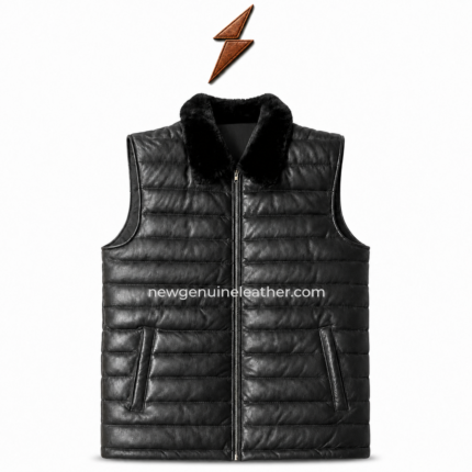 Black quilted sheep leather vest front view with silver zipper, padded leather panels and slanted side pockets