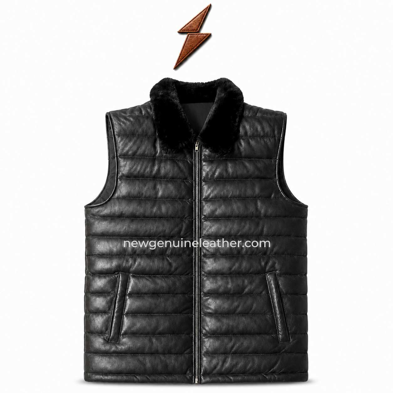 Black Quilted Sheep Leather Vest Front View Black quilted sheep leather vest front view with silver zipper, padded leather panels and slanted side pockets