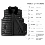 Black sheep leather sleeveless puffer jacket with plush fur collar, stitched horizontal channels and leather logo above
