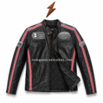 Black racing biker jacket OEM front view with red contrast stripes, chest patches, zipper pockets and NGL