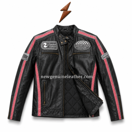 Black racing biker jacket OEM front view with red contrast stripes, chest patches, zipper pockets and NGL