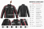 Black racing biker jacket OEM back view with white shoulder stripes, stitched back panels and ribbed