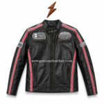 Black racing biker jacket OEM close-up with chest patches, snap-tab collar, zipper pockets and textured leather surface.