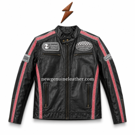 Racing Biker Jacket OEM Black racing biker jacket OEM close-up with chest patches, snap-tab collar, zipper pockets and textured leather surface.