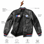 Black Racing Leather BMW Jacket with glossy black body, front zip closure, chest patches, and striped ribbed cuffs.