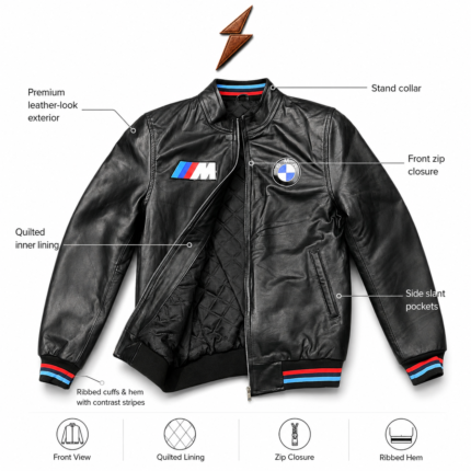 Black Racing Leather BMW Jacket with glossy black body, front zip closure, chest patches, and striped ribbed cuffs.
