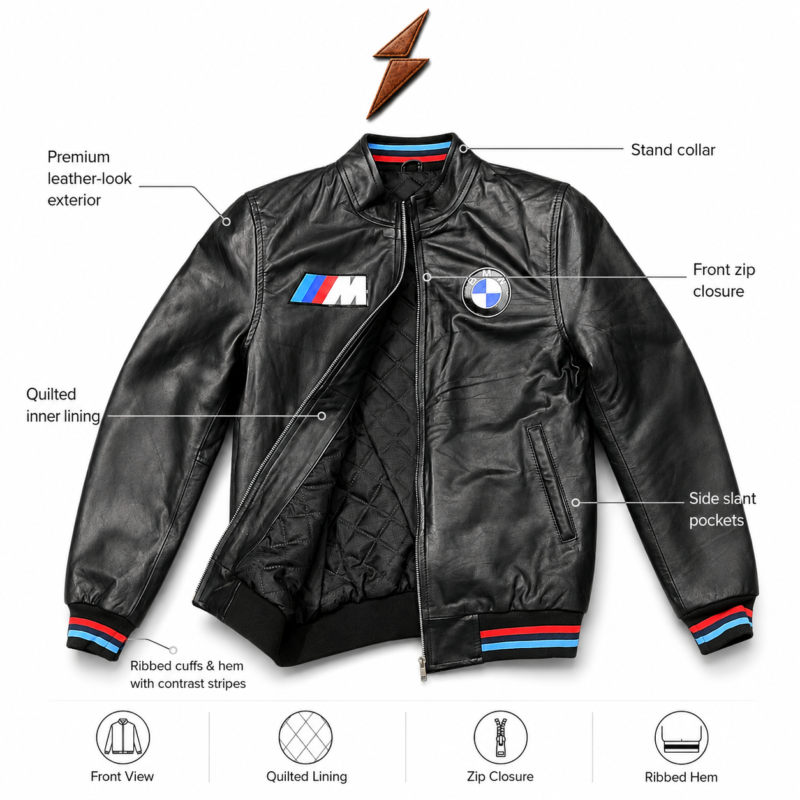 Black Racing Leather BMW Jacket with glossy black body, front zip closure, chest patches, and striped ribbed cuffs.