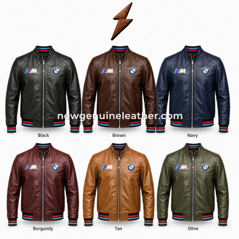 Black Racing Leather BMW Jacket showing stand collar, smooth leather texture, metal zipper, and side slant pockets.