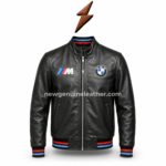 Black Racing Leather BMW Jacket with quilted inner lining visible through the partially open front zipper
