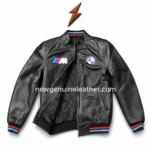 Black Racing Leather BMW Jacket with red and blue striped ribbed cuffs and matching striped hem.