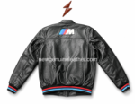 Black Racing Leather BMW Jacket with chest badge placement, racing stripe patch, stitched seams, and glossy texture.