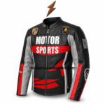 Black racing leather jacket with red and gray color-block panels and front zipper
