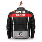 Black racing leather jacket with embroidered patches and stand collar