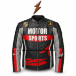 Black racing leather jacket with red sleeve stripe and zipper pockets