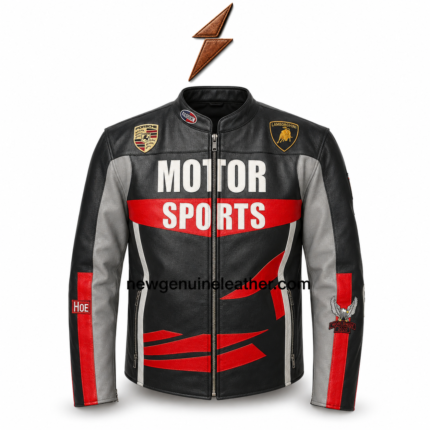 Black racing leather jacket with red sleeve stripe and zipper pockets