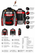 black racing leather jacket product specs image with front back and side views