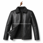 Black shearling collar leather jacket with smooth leather texture, long sleeves, front zipper