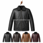 Black leather jacket with textured shearling collar, smooth leather body, front zip closure